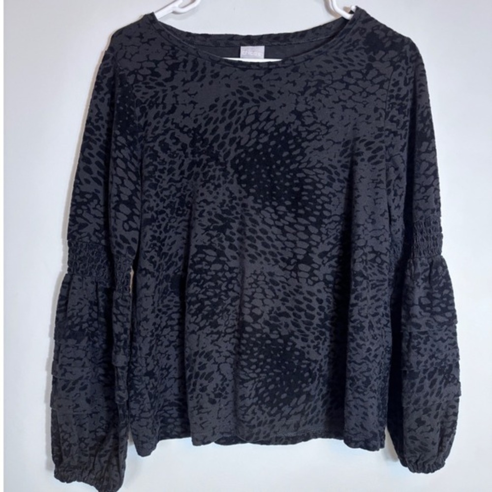 Chico's Knit Top Women's Black Velvet Burnout Long‎ Balloon Sleeves Size 1 Med